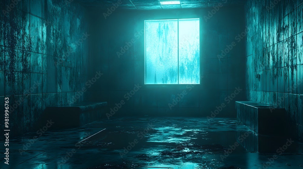 Futuristic abandoned interrogation room, holographic remnants of past