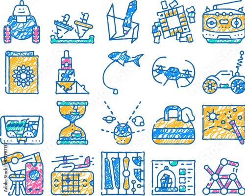 toy and children game doodle icons set vector. sketch line art robot and radio controlled car, flying fish and doggy bag, quadrocopter and telescope toy color illustrations