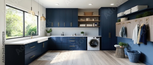 Modern Laundry Room with Navy Cabinets and Bright Window