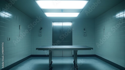 Government facility interrogation room, whitewashed walls, a single metal table, overhead lights, and an imposing two-way mirror, sterile and cold photo