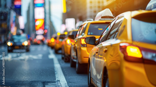 Row of Yellow Taxis Lined Up on Busy Urban Street with Skyscrapers