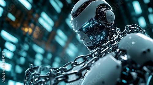 A humanoid android encumbered by metallic chains labeled with legal clauses, in a courtroom filled with holographic displays, science fiction, detailed, high resolution