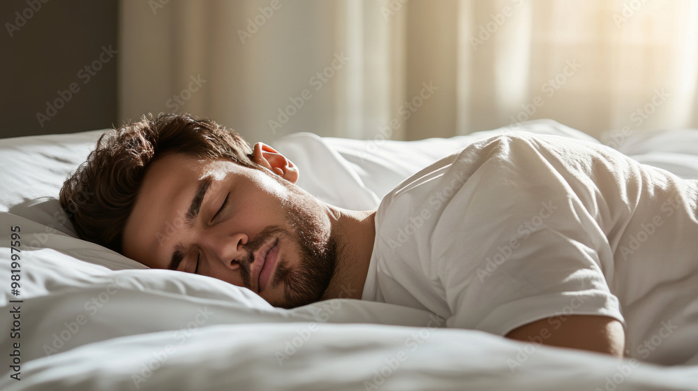 In a serene bedroom, a man peacefully sleeps on a comfortable pillow, embodying the essence of morning rest and wellness. The soft morning light gently filters through the curtains, casting a warm . In a serene bedroom, a man peacefully sleeps on a comfortable pillow, embodying the essence of morning rest and wellness. The soft morning light gently filters through the curtains, casting a warm .