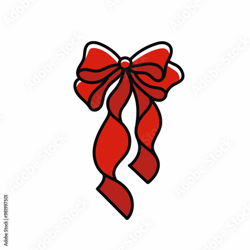 Elegant red bow with beautiful ribbons. Beautiful holiday decorative element, festive gift decor. Design element. Vector illustration isolated on white background