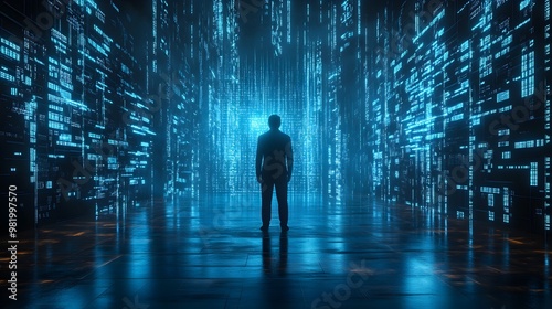 High-tech interrogation chamber, glowing blue neon lights cast sharp shadows, subject in dark silhouette, surrounded by holographic data streams, Futuristic, 3D rendering