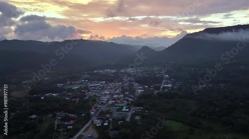 Aerial View Mindo Ecuador Sunset Jungle Village Clouds Golden Hour
