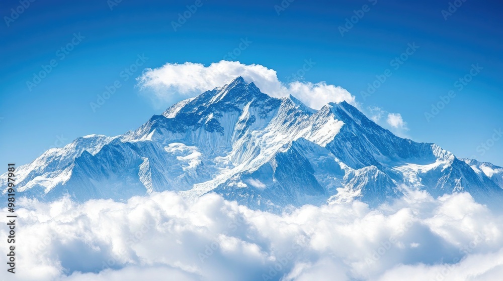 Obraz premium Majestic mountain peak rising above clouds in clear sky.
