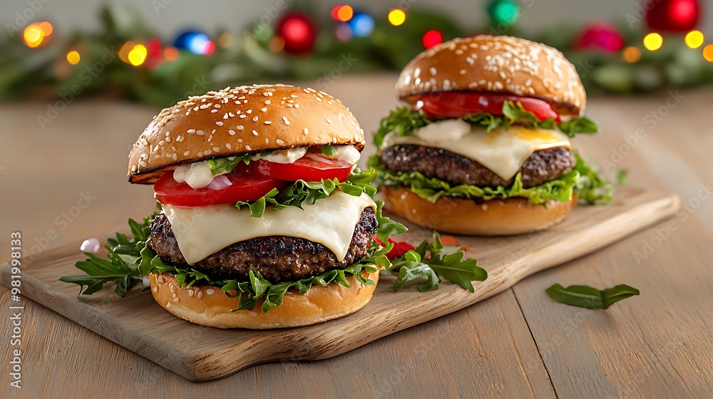 A mouth-watering close-up of freshly made gourmet burgers, showcasing juicy patties, melted cheese, and fresh toppings bursting with flavor. The background features a lively street food environment, A mouth-watering close-up of freshly made gourmet burgers, showcasing juicy patties, melted cheese, and fresh toppings bursting with flavor. The background features a lively street food environment,