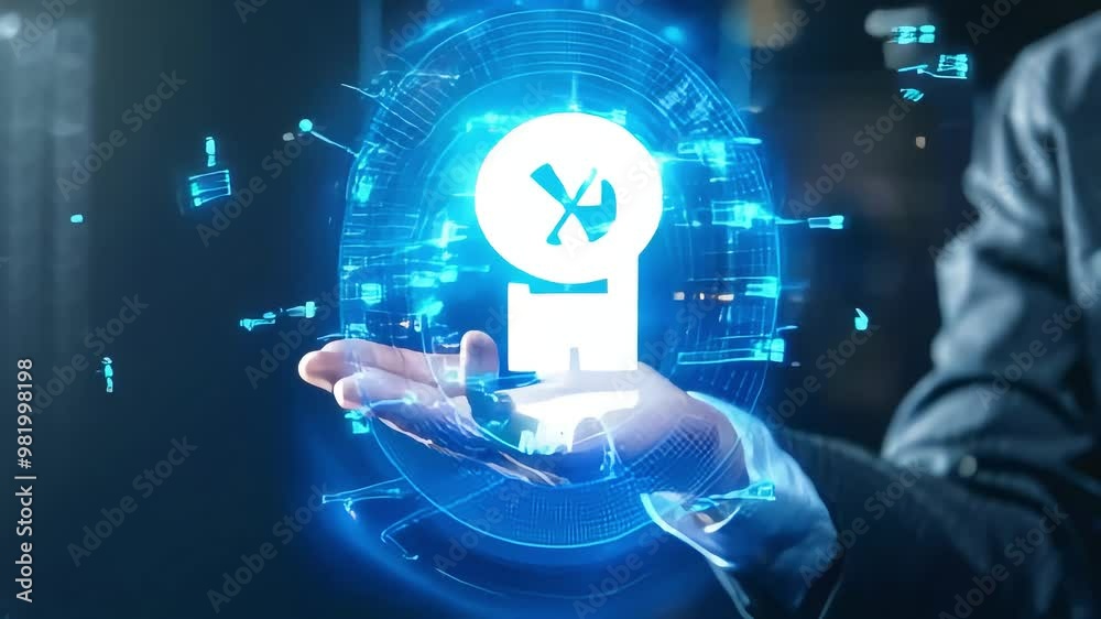 hand over virtual projection. Artificial intelligence, future technology and business concept 