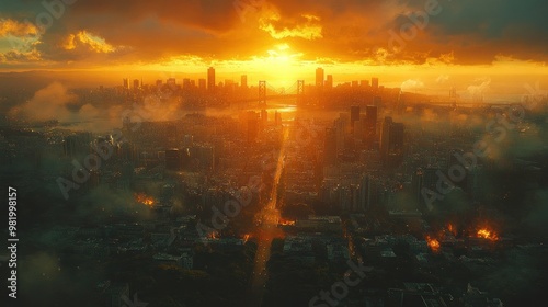 A dramatic sunset over a cityscape with smoke and fires.