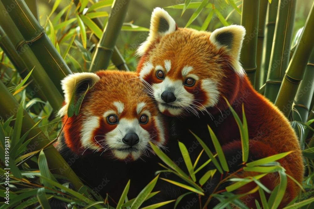 Obraz premium red pandas are seen amidst the bamboo, their faces full of curiosity. The green leaves and their fluffy tails create a picture of pure charm and natural beauty.