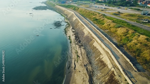 Aerial view of a coastline where massive flood defenses are being constructed, featuring concrete walls and levees stretching along the shore, designed to protect against rising sea levels. photo