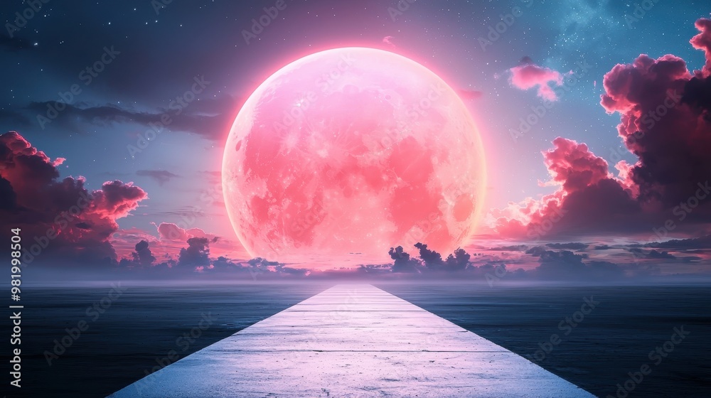 Dreamy Pathway Under a Glowing Pink Moon