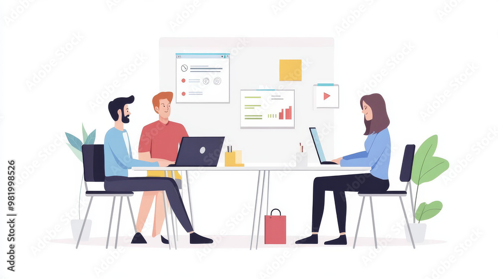 A vibrant scene unfolds as a diverse group of business professionals collaborates around a laptop during a meeting. They're engaged in project management, discussing strategies and reviewing plans.