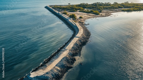 Aerial view of a coastline where massive flood defenses are being constructed, featuring concrete walls and levees stretching along the shore, designed to protect against rising sea levels. photo