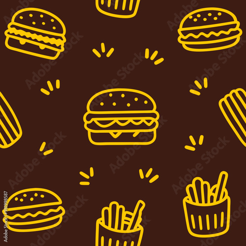 Seamless pattern, burger, hot dog, french fries