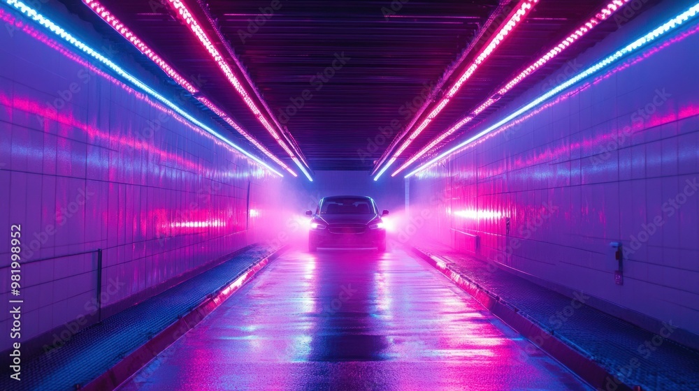 An automated car wash tunnel with vibrant LED lighting where cars are cleaned with rotating brushes and high-pressure water jets, delivering a spotless shine. An automated car wash tunnel with vibrant LED lighting where cars are cleaned with rotating brushes and high-pressure water jets, delivering a spotless shine.