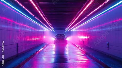 An automated car wash tunnel with vibrant LED lighting where cars are cleaned with rotating brushes and high-pressure water jets, delivering a spotless shine. photo