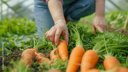 Close-up View of Farmer Harvesting Carrots in a Vegetable Greenhouse, Detailed Agricultural Activity Scene