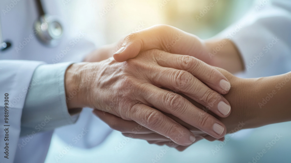 A close-up shot captures the hands of a doctor gently resting on a patient's hands, symbolizing trust and support during a healthcare consultation. The doctor's lab coat signifies professionalism. A close-up shot captures the hands of a doctor gently resting on a patient's hands, symbolizing trust and support during a healthcare consultation. The doctor's lab coat signifies professionalism.