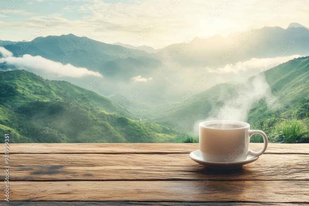 Steaming Cup of Coffee on Wooden Table, Serene Mountain View With Lush Green Landscape Steaming Cup of Coffee on Wooden Table, Serene Mountain View With Lush Green Landscape