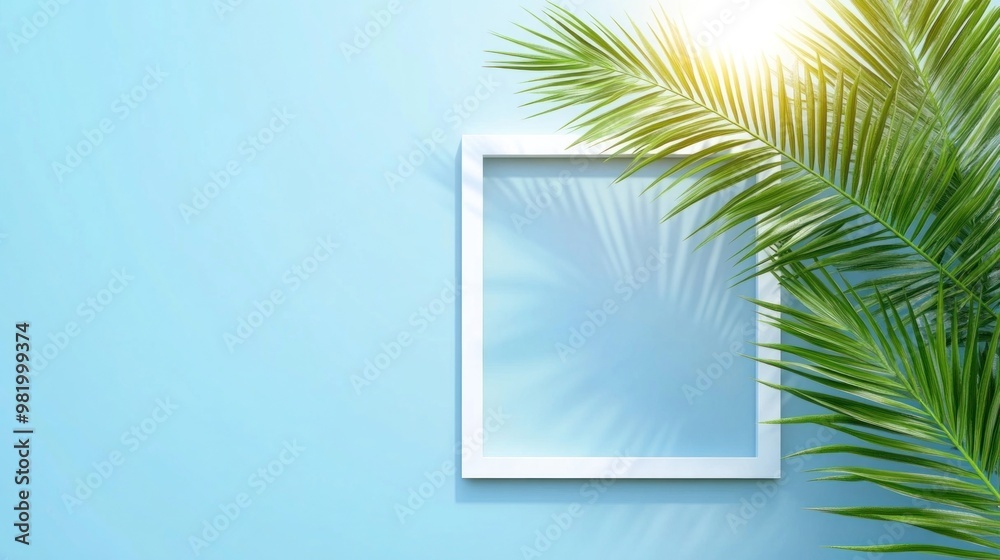 Summery Composition with Palm Leaf and White Frame Summery Composition with Palm Leaf and White Frame