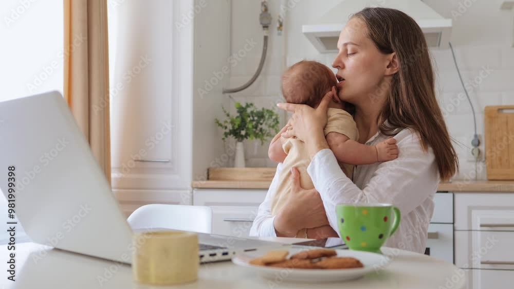 Smiling woman parent working from home on laptop busy with e-commerce job while cuddling newborn and managing online service sitting at table in home kitchen interior Smiling woman parent working from home on laptop busy with e-commerce job while cuddling newborn and managing online service sitting at table in home kitchen interior