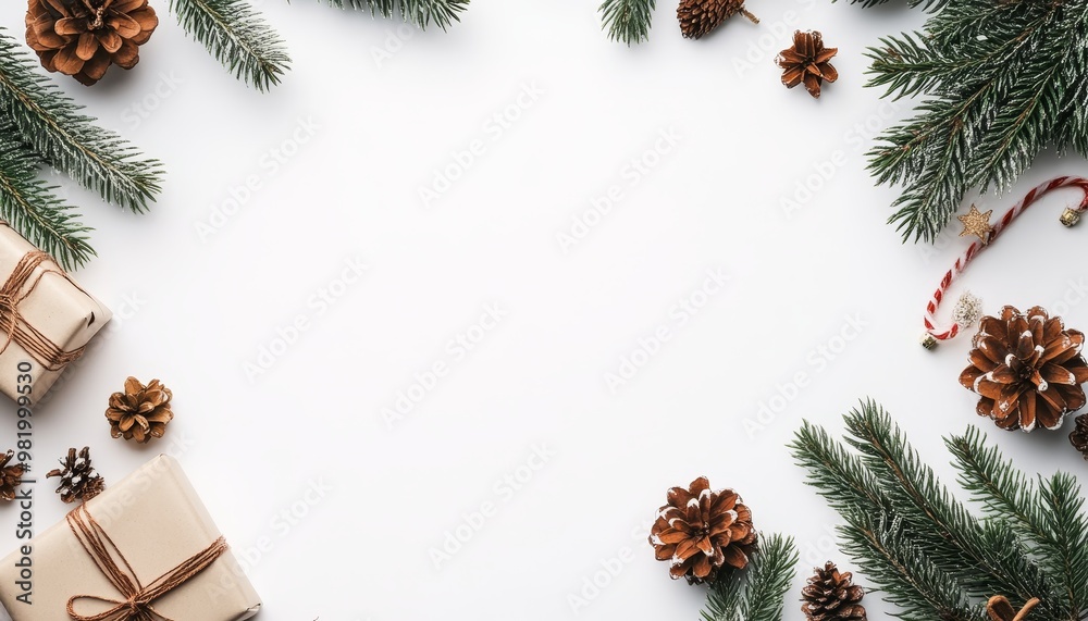Fototapeta premium Christmas Greeting Card Background With Decorations, Gifts And Fir Tree Branches On White Table