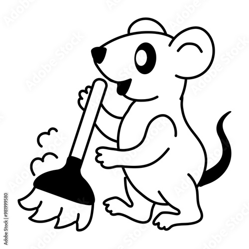 A sketchy icon of rat cleaning floor with broom 