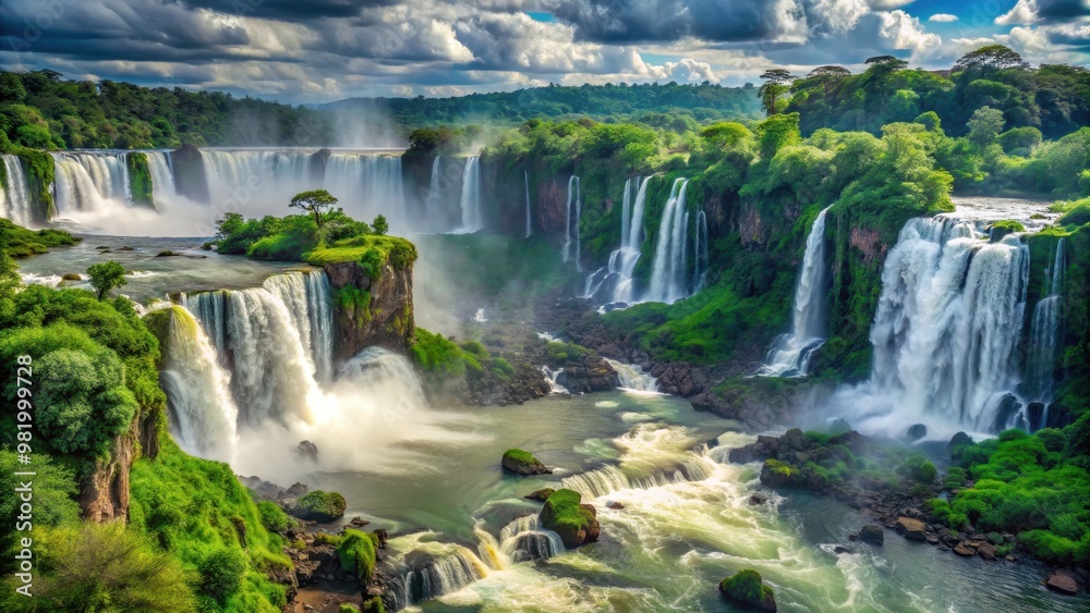 Breathtaking view of Iguazu Falls cascading down the cliffs surrounded by lush greenery and mist, Iguazu Falls Breathtaking view of Iguazu Falls cascading down the cliffs surrounded by lush greenery and mist, Iguazu Falls