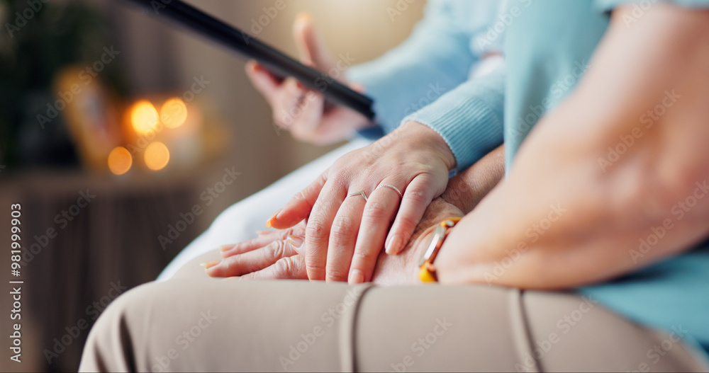 Φωτογραφία Tablet, holding hands and doctor with patient for comfort for medical service, diagnosis and online results