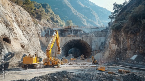 Engineers and workers inspect the high-speed railway tunnels being dug through a mountain, with large drilling equipment visible in the background.
