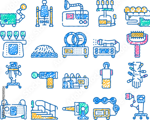 physical therapy aid doodle icons set vector. sketch line art magnetic therapy device and laser, massager, physiotherapy complex and ultrasonic inhaler color illustrations