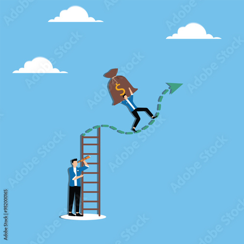 Lose opportunity to profit from stock market, false speculation concept, Businessman climbing down ladder against downtrend graph while another investor carrying money bag on uptrend graph