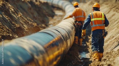 Engineers oversee the internal welding of pipelines designed for transporting natural gas, focusing on the integration of green energy technologies into the construction process for sustainable