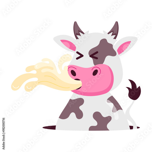 Cute cow spitting milk, flat sticker 