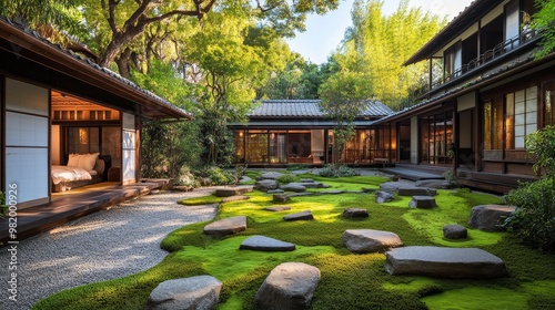 A tranquil zen garden encircled by traditional Japanese houses, each with slanted rooftops, wooden structures, and paper sliding doors. Moss-covered stones line the garden paths photo