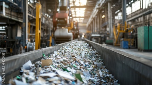 Large production machines in a recycling plant churn out rolls of new paper, transforming waste paper into usable products for a circular economy. photo