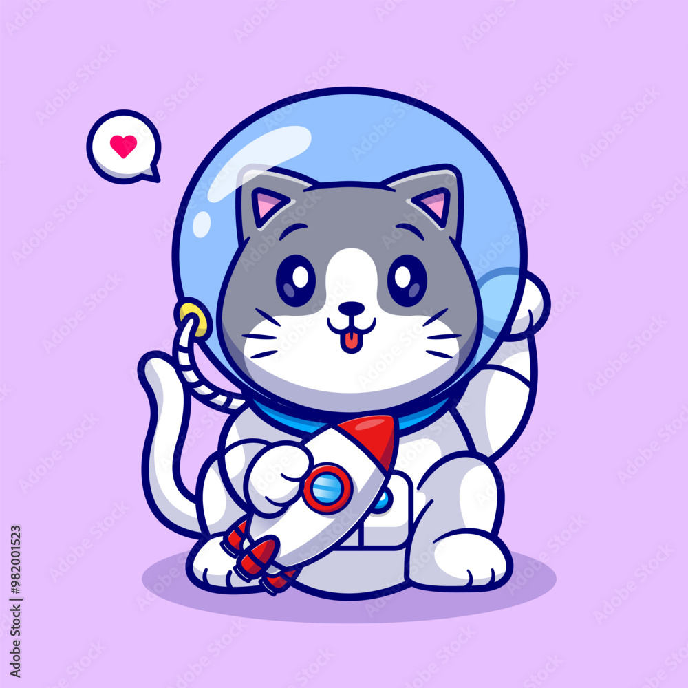Fototapeta premium Cute Lucky Cat Astronaut Holding Rocket Cartoon Vector Icon Illustration. Animal Science Icon Concept Isolated Premium Vector. Flat Cartoon Style