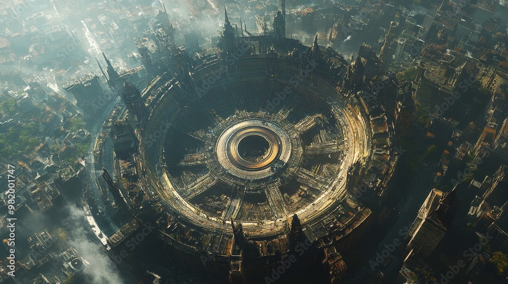Circular city with streets branching out like spokes, viewed from above, intricate roads and architecture, modern technology, futuristic, daytime with sharp contrasts, digital illustration Circular city with streets branching out like spokes, viewed from above, intricate roads and architecture, modern technology, futuristic, daytime with sharp contrasts, digital illustration