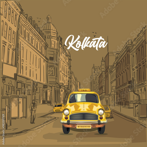 Kolkata yellow taxi. kolkata city with front view of an yellow color taxi.illustration of Taxi vector design