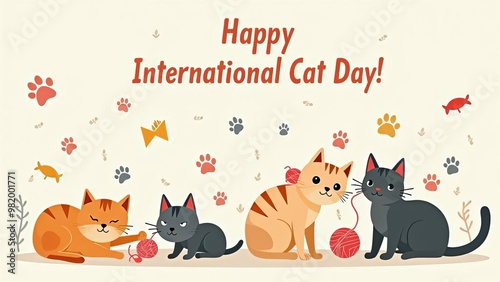 Happy International Cat Day: Feline Friends Celebration with Playful Cats of Various Breeds photo