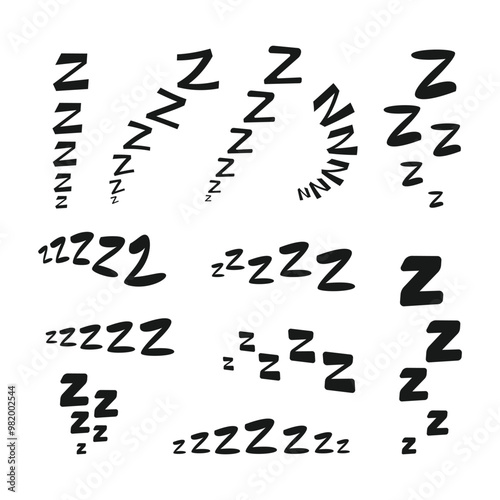Set Lettering zzz doodle style. Snore sleeping icons, zzz bed sleeps icons symbol, Comic text signs of dream, relax and nap, Sleepy yawn insomnia sleeper alarm clock, goodnight deep sleep, bored tired