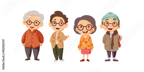 Set of cute cartoon happy elderly people on a white background