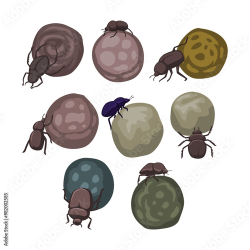 Set of dung beetle collection, cute dung beetle pushing dung cartoon, animal wildlife, big ball of poop, scarab, rolling a large ball of organic material, fauna isolated on white background.