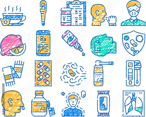 flu disease treatment doodle icons set vector. sketch line art flu treat vaccine and test questionnaire, tea with honey and lemon, syrup and eye drops color illustrations
