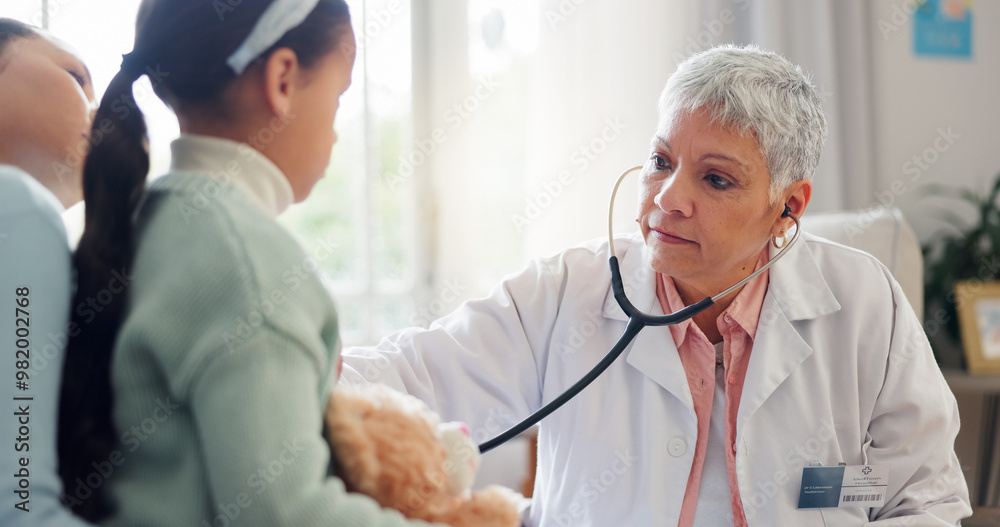 Fototapeta premium Healthcare, stethoscope and doctor with child listening for consulting, medical service and help in clinic. Hospital, pediatrician and woman with mom and girl for diagnosis, breathe and wellness