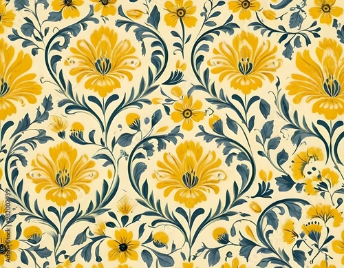 Norwegian Scandinavian rosemaling traditional handpainted folk art in bright yellow floral pattern