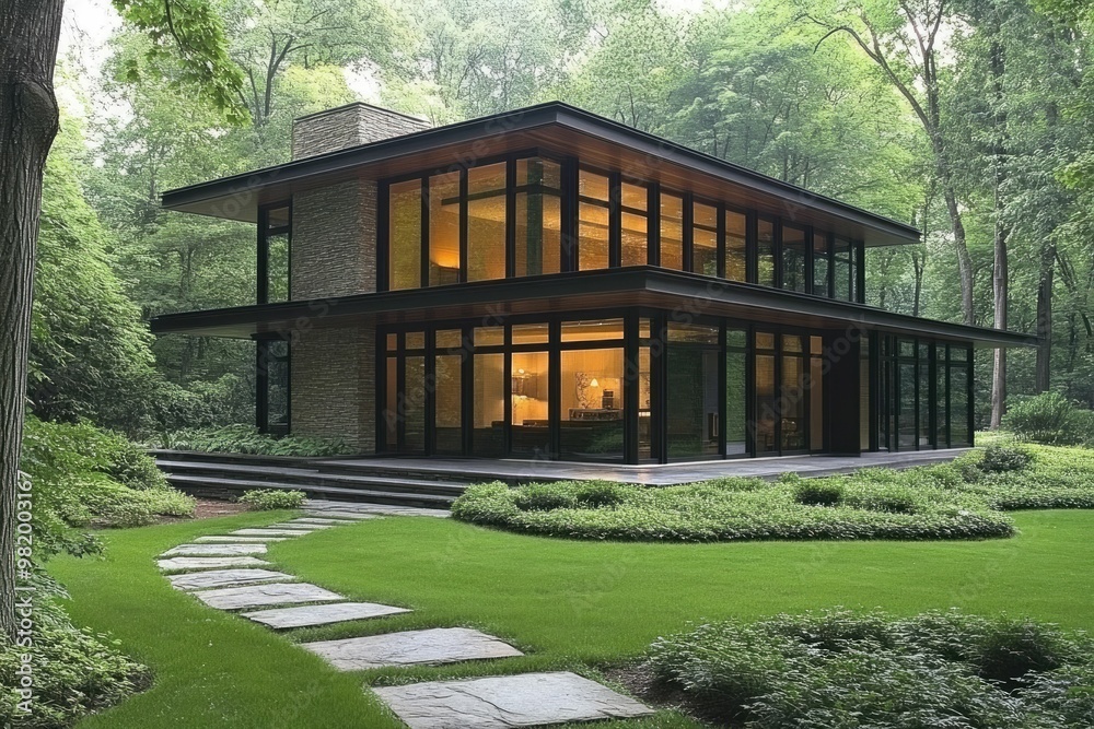 Modern glass house surrounded by lush greenery. Modern glass house surrounded by lush greenery.