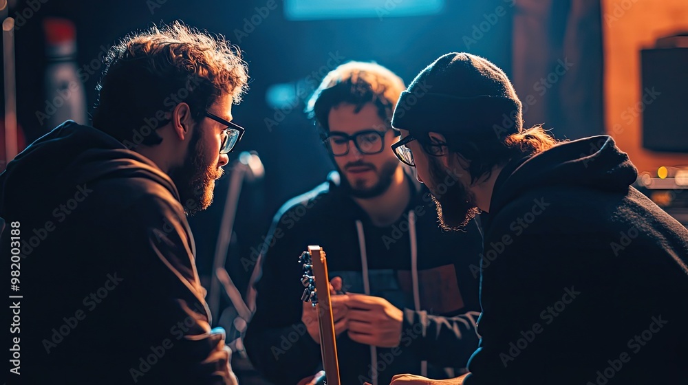 Three Men Discussing Music and Holding a Guitar Three Men Discussing Music and Holding a Guitar
